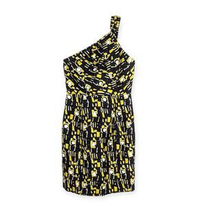 Milly Black and Yellow One Shoulder Geometric Silk Blend Mini Dress Size 8‎